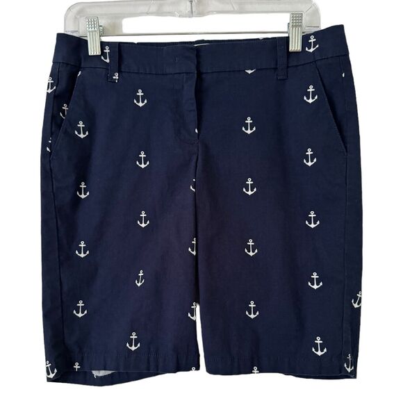 J. Crew Navy Blue Anchor Print Long Modest High Rise Bermuda Shorts Women’s SZ 2 - Picture 1 of 6